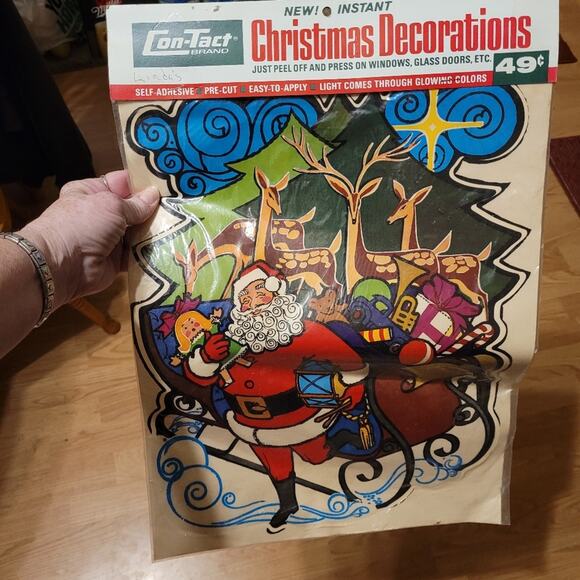 Vintage Christmas Window Cling Lot Of 5 Con Tact Instant Christmas Decorations - Picture 7 of 9